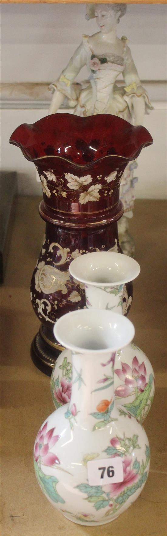 Bohemian enamelled ruby glass vase & large Continental porcelain figurine & pair Chinese vases (-)